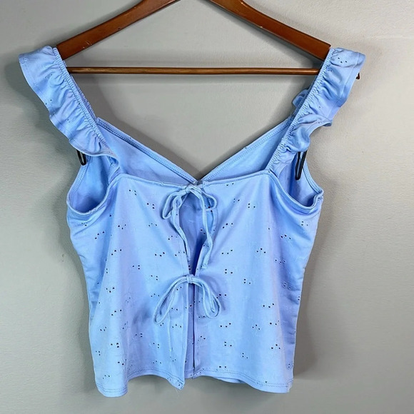 H&M Tie-Detail Jersey Top Baby Blue Eyelet Ruffled Strap V-neck Tie Back S - Picture 5 of 11